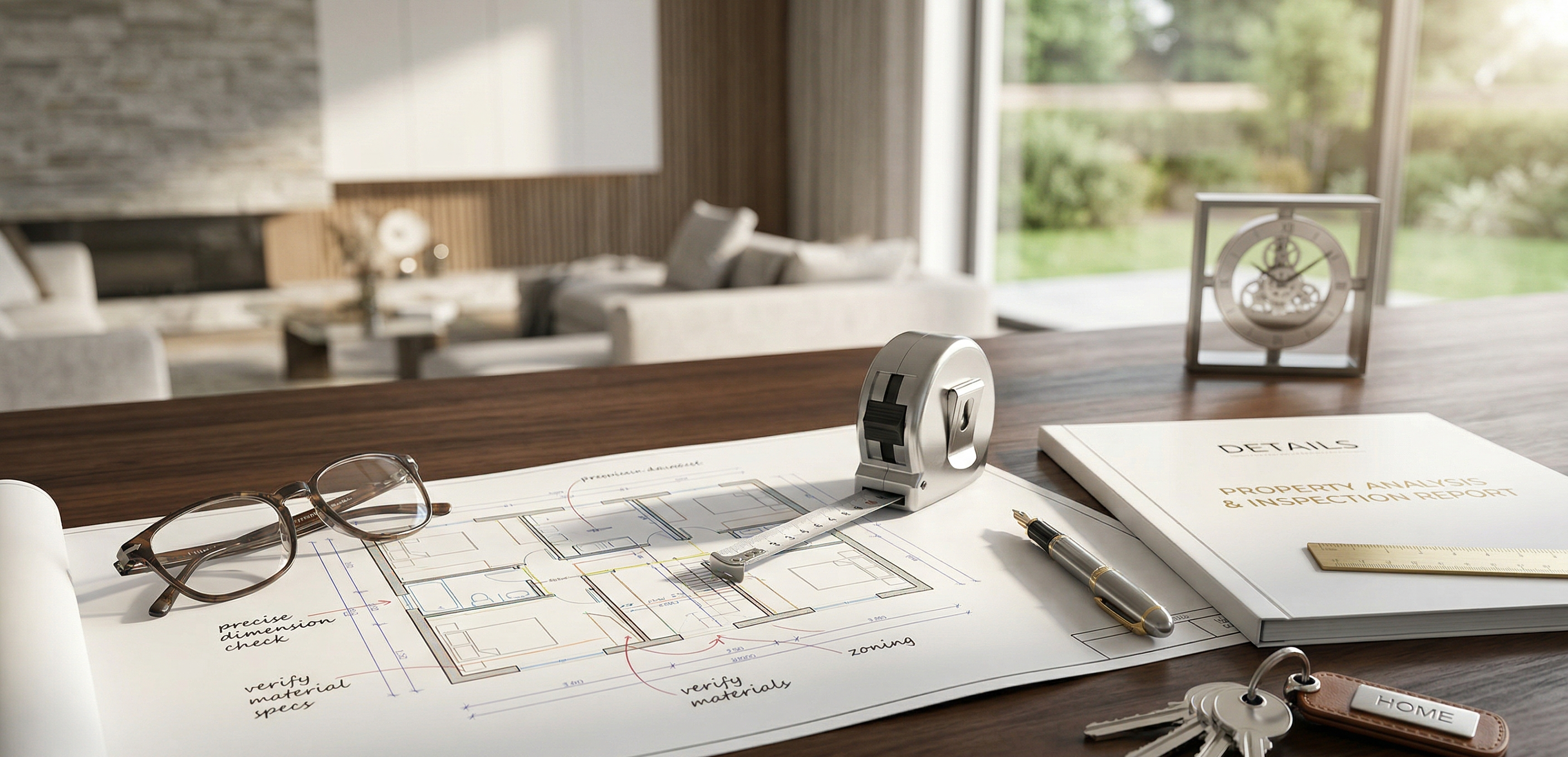 Blueprints and property details on a desk